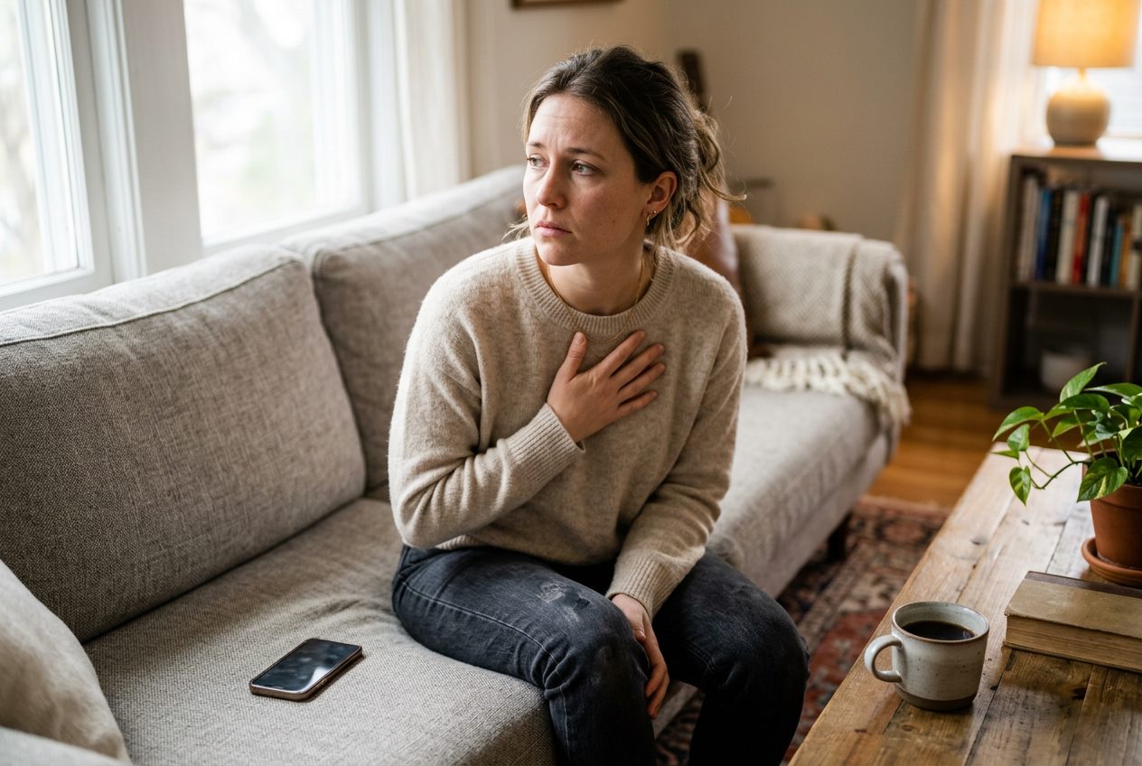 Woman sitting on a sofa at home with her hand on her chest, feeling anxious and worried