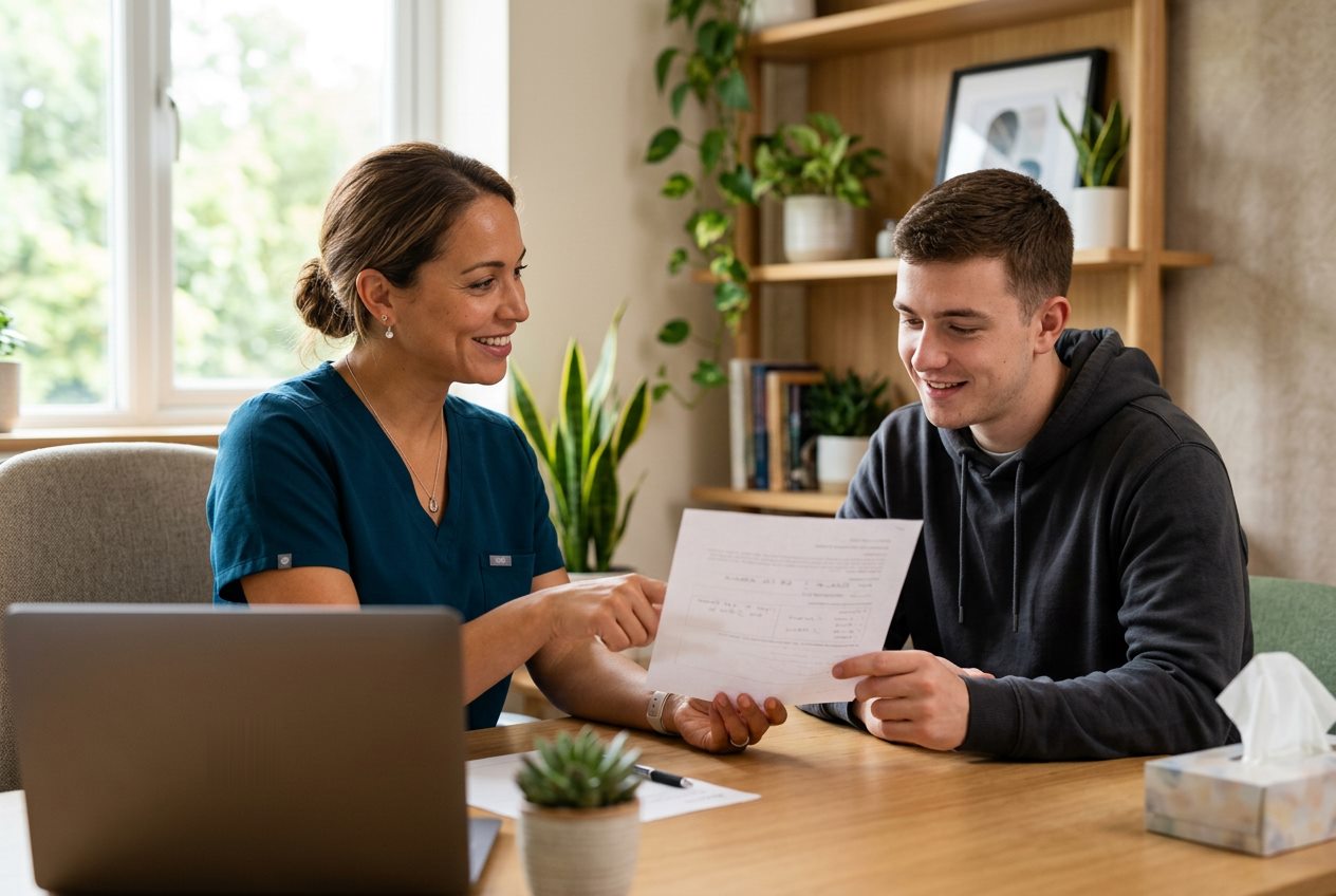 Psychiatric nurse practitioner reviewing an anxiety treatment plan with a young adult patient