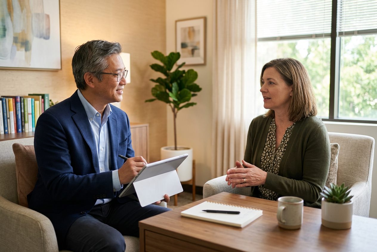 Psychiatrist taking notes during a psychiatric evaluation for anxiety with a patient in Novi, Michigan