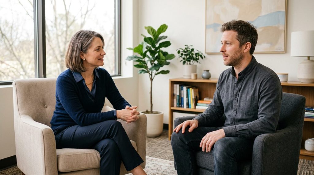 Psychiatrist talking with an adult patient about anxiety in a calm office at ABHS in Novi, MI